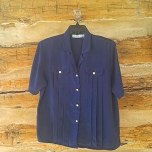 Christie & Jill Navy Short Sleeved Pleat Front Polyester Blouse Size 14